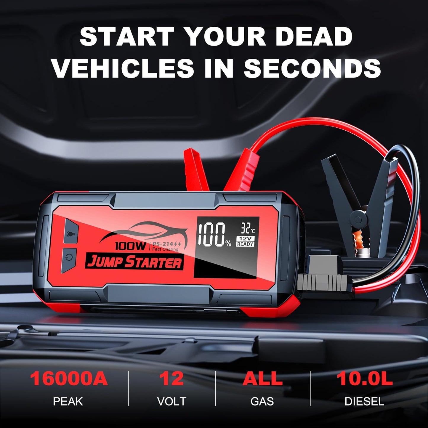 Jump Starter with Built-in Cable 16000A&59.2Wh, Portable Power Bank for 100W Dual-Way Fast Charging,12V SuperSafe Lithium Jump Box, Battery Booster Pack Up to (All Gas/14L Diesel)