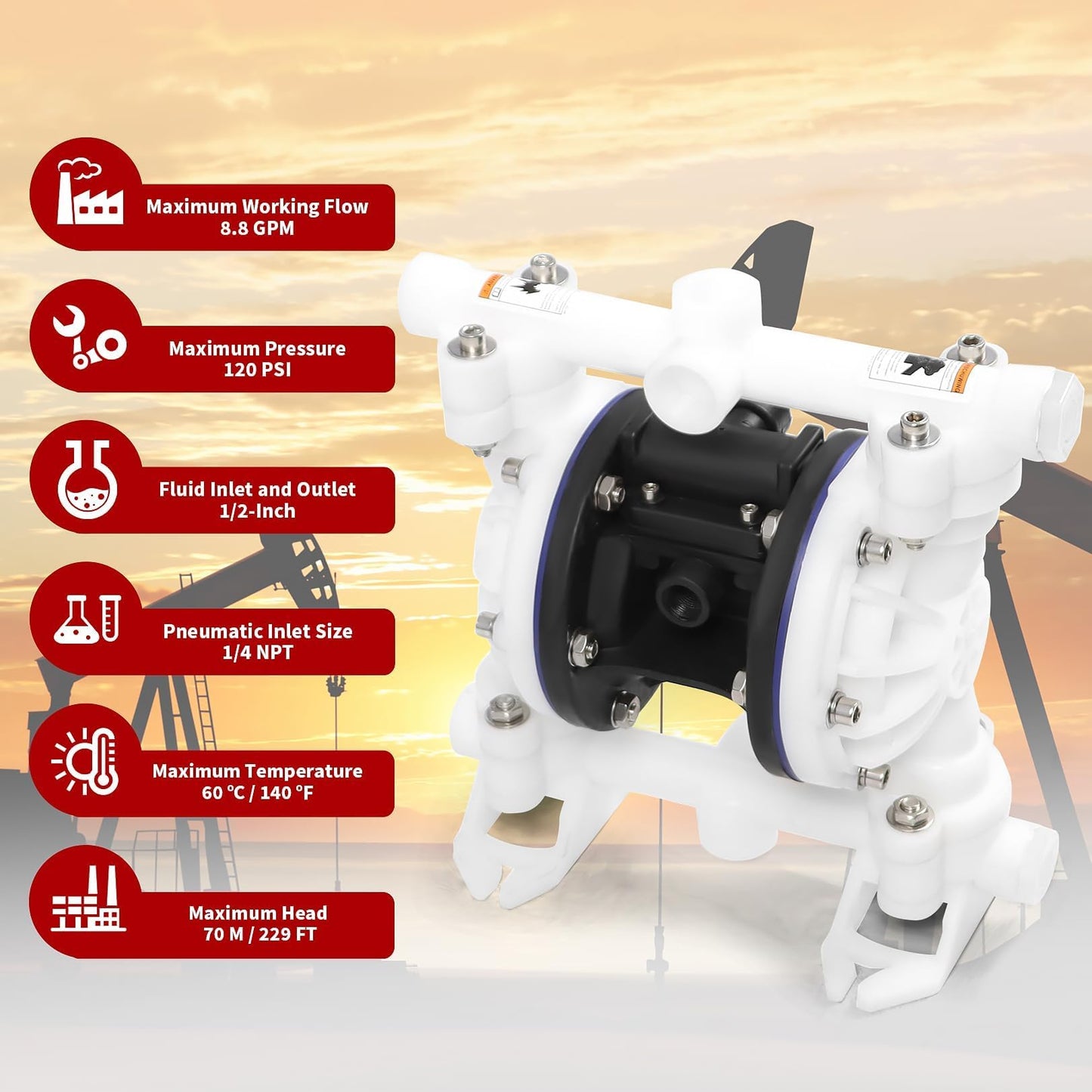 Nakkaa Pneumatic Double Diaphragm Pump PTFE 8.8GPM Transfer Pump 1/2" In/Out Max 120PSI, Used to Transport Various Low Viscosity Liquids Such as Hydraulic Fluid, diesel, coating,etc