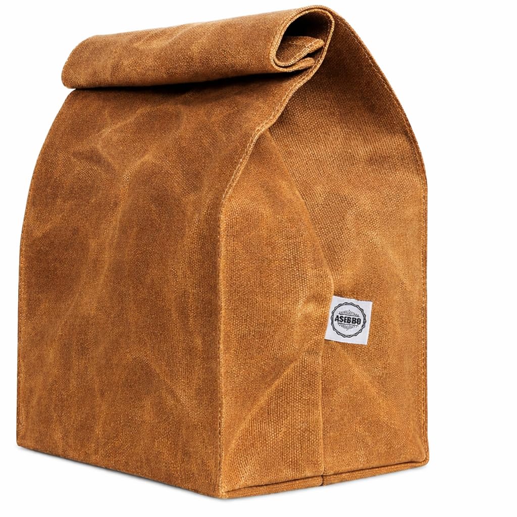 ASEBBO Waxed Canvas Lunch Bag – Reusable Insulated Paper Bag-Style Lunchbox for Adults – Leakproof & Durable Sack Lunch Box for Work, Picnic & Travel – Stylish Brown Bag Cooler with Shoulder Strap
