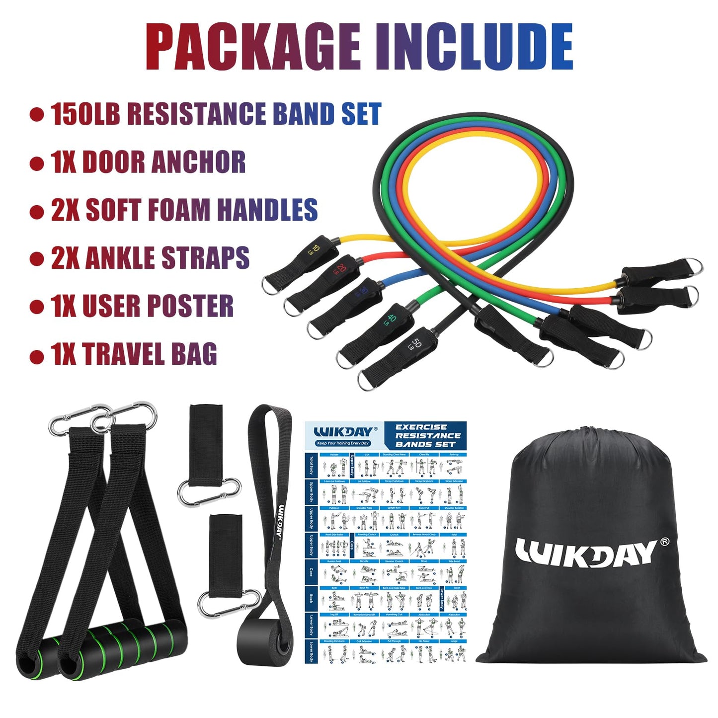 WIKDAY Exercise Resistance Bands with Handles for Working Out, 10-150 Lbs Workout Bands Loop Bands Set with Door Anchor for Physical Therapy, Yoga, Pilates