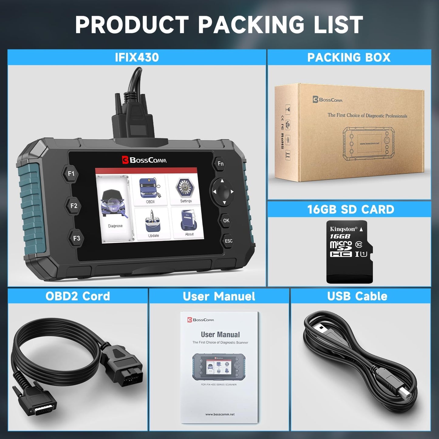 2026 BOSSCOMM IFIX430 OBD2 Scanner Diagnostic Tool, ABS/SRS Airbag/Transmission/Engine, Scan Tool & Car Code Reader for Cars and Trucks, Code Scanner with Live Data, Lifetime WiFi Update, EN/ES Ver
