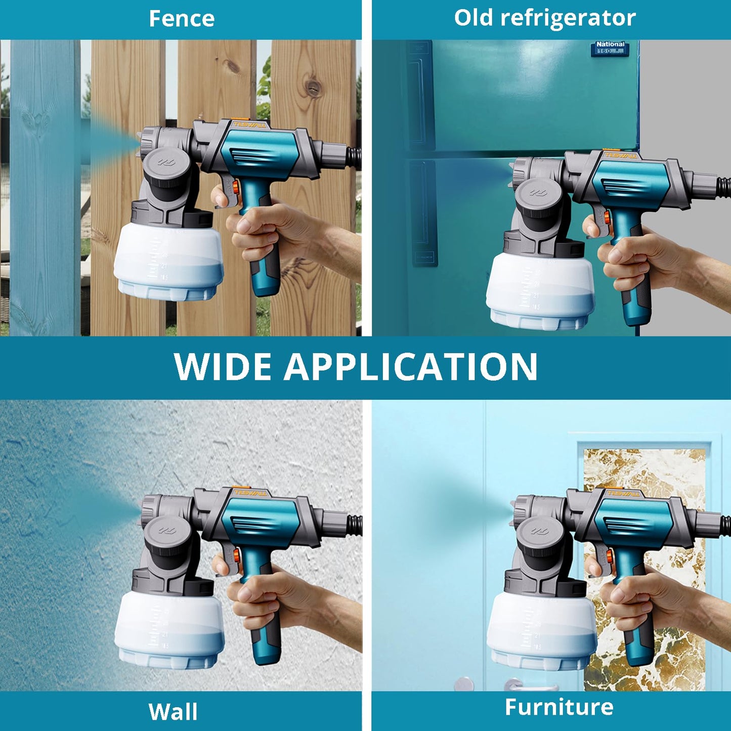 Tilswall Paint Sprayer 800W HVLP Spray Paint Gun, Electric Paint Sprayer Gun with 4 Nozzles & 3 Patterns for House Painting Furniture Cabinets Fence Home Walls Shark 800 (Blue, 1300 ml)