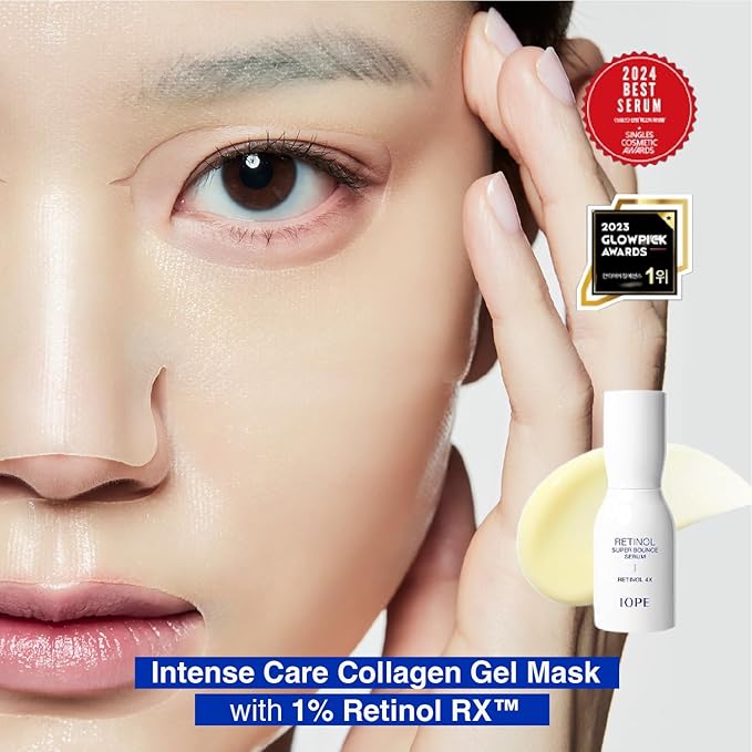 IOPE Retinol Serum in Deep Collagen Gel Mask 5+1 Set | Double-Layered Hydrogel Sheet for High Adhesion, A Full Bottle of Retinol RX 1% Serum, Intense Firming & Plumping, Anti-Aging, Korean Skincare