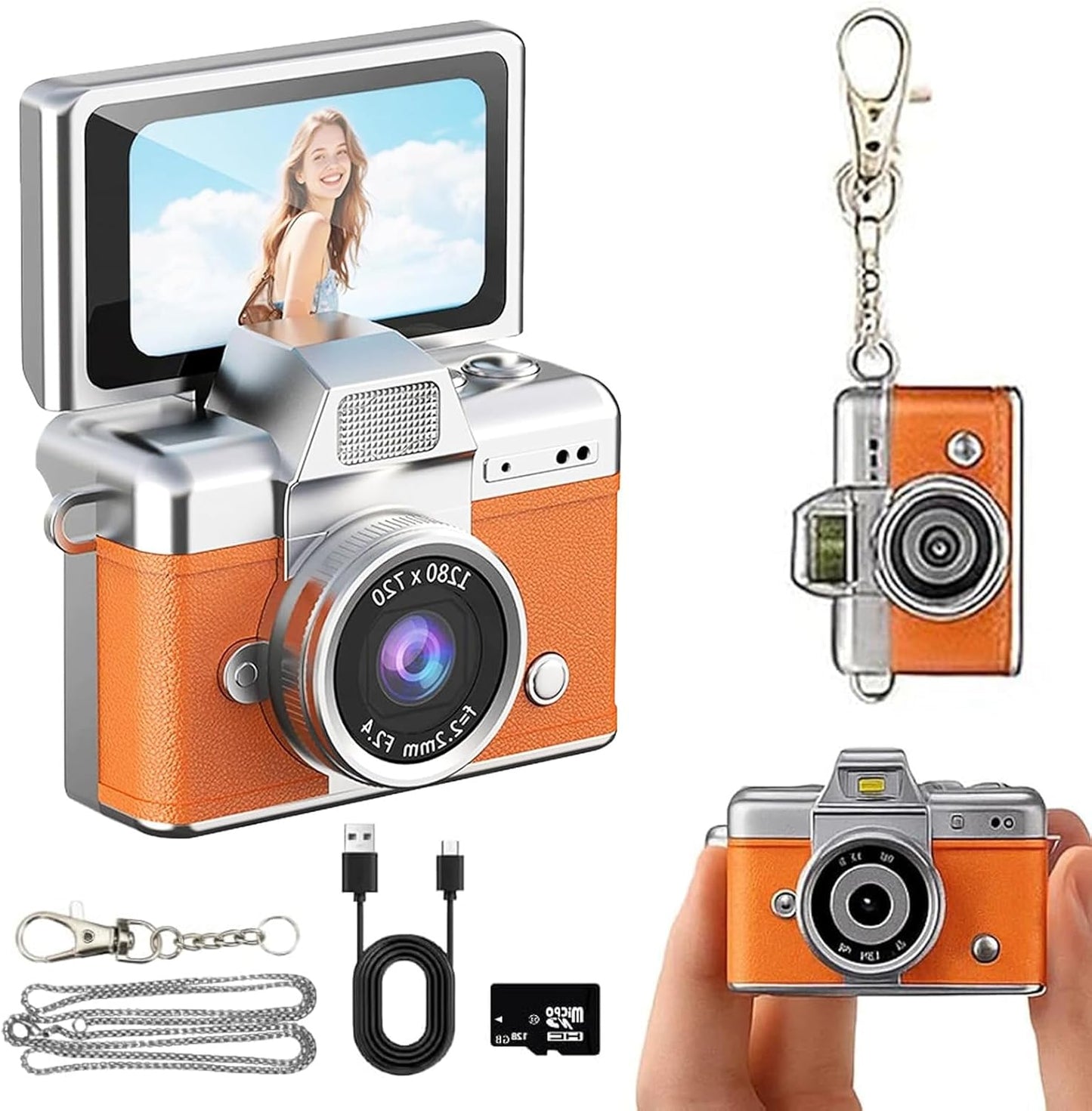 Generic 1.47" 32GB LCD Flip Screen Retro Keychain Camera, Card, Built-in Flash & Strap, Portable Camera for Travel