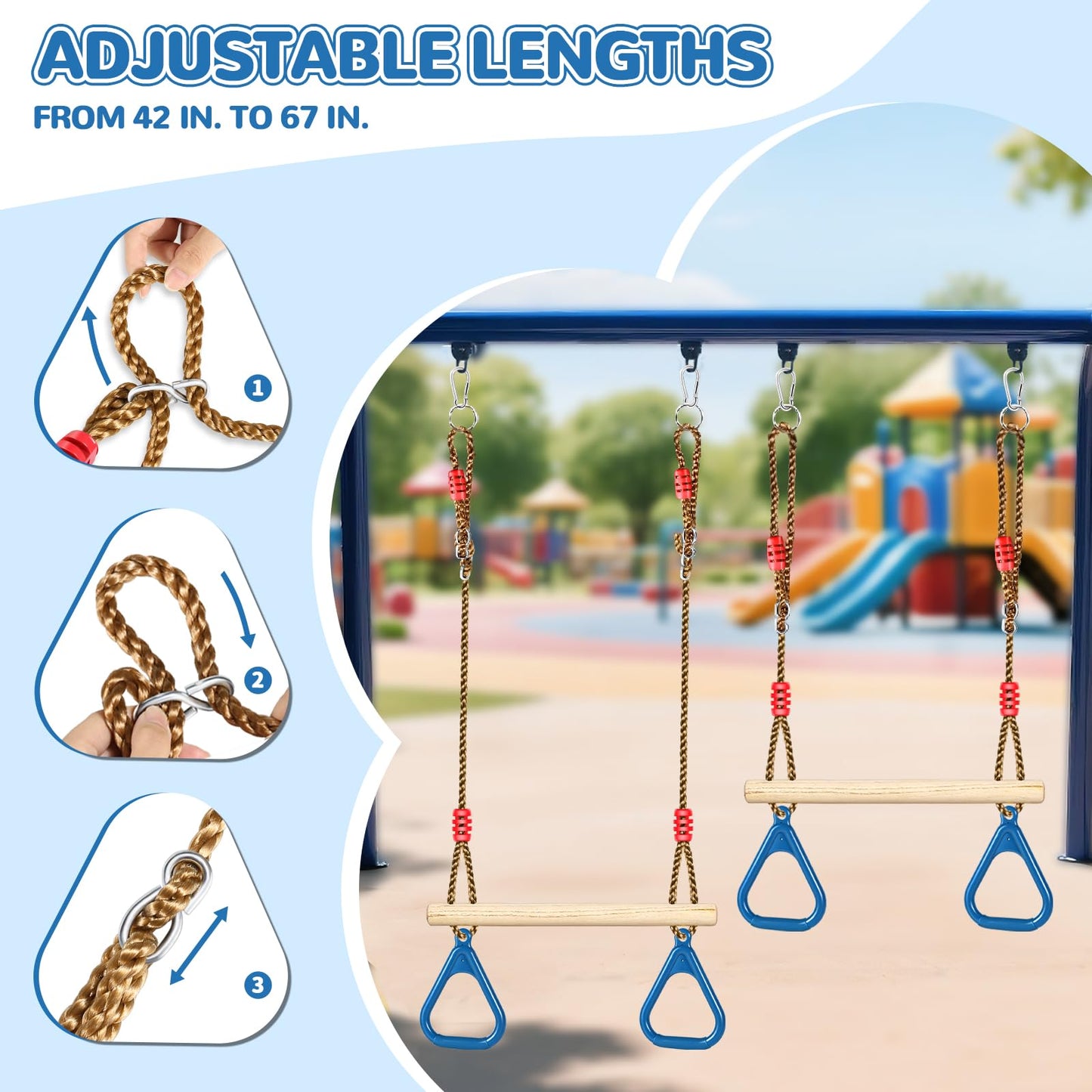 LadyRosian Wooden Trapeze Swing Bar, Adjustable Height Swing Set, Gym Rings, Playground Attachments, 16.5" Monkey Bar for Backyard, Playground, Playroom (Blue)