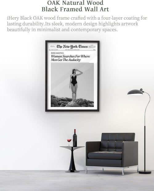 iHery Premium Natural Black Oak Wood Framed Wall Art - Retro Woman Canvas Decor 12x16in for Girly Dorm & Living Room