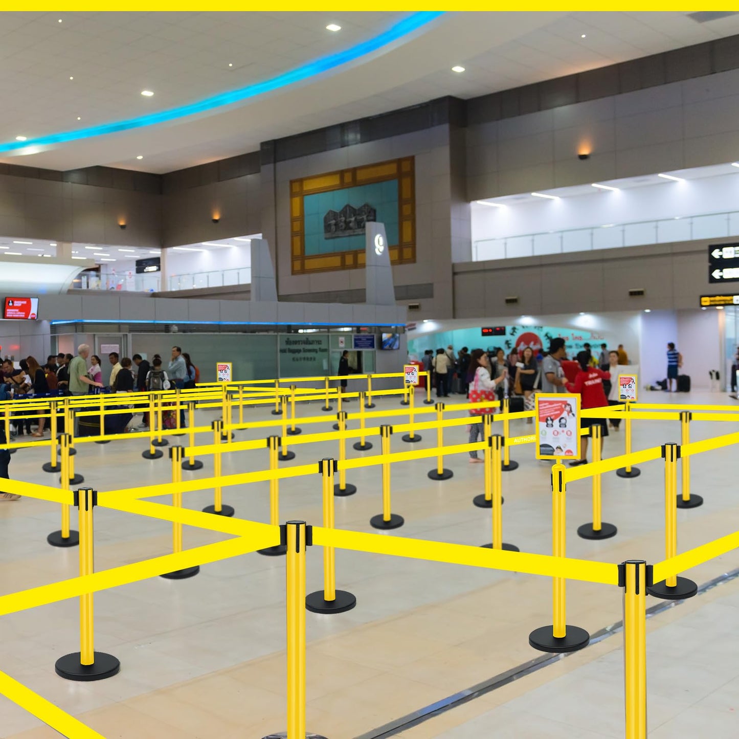 Therwen 6 Pack Heavy Duty Crowd Control Stanchions 9.8 ft Stainless Steel Stanchion Set with Safety Barrier Post Retractable Belt and Sign Holder Crowd Control Barrier(Yellow Belt, Yellow)