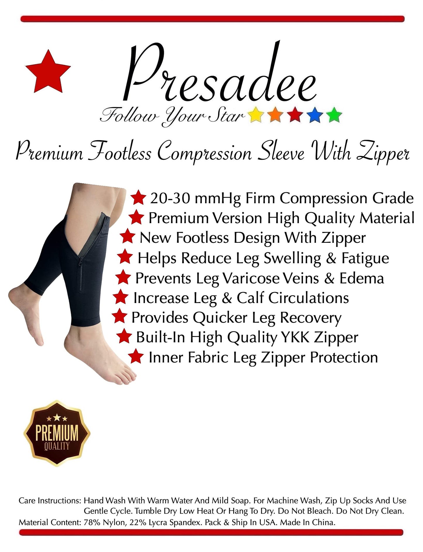 Presadee Shin Premium 20-30 mmHg Firm Compression Leg Calf Sleeve With Zipper (Black, L/XL)