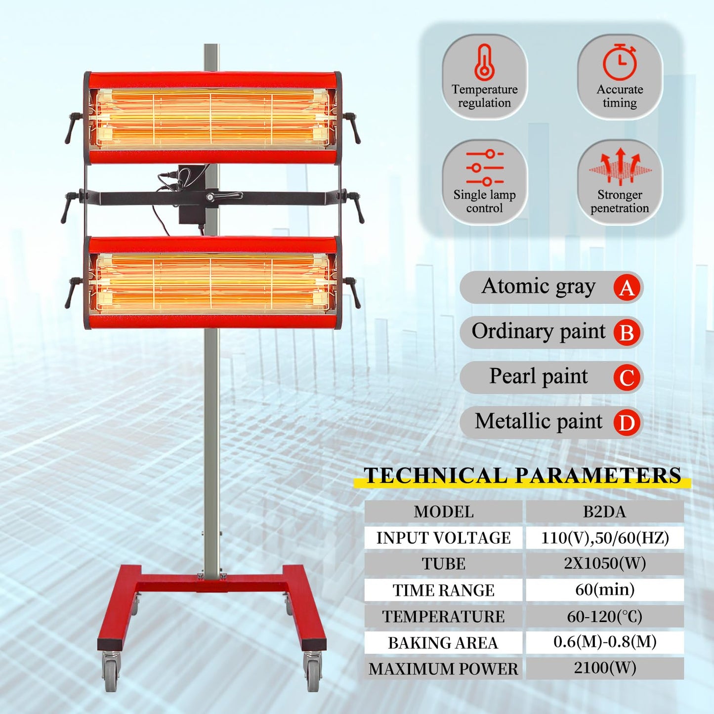 Solary Infrared Paint Curing Lamp - Short Wave Infrared Dryer with Timer for Car Paint Spray Booth, 2100W