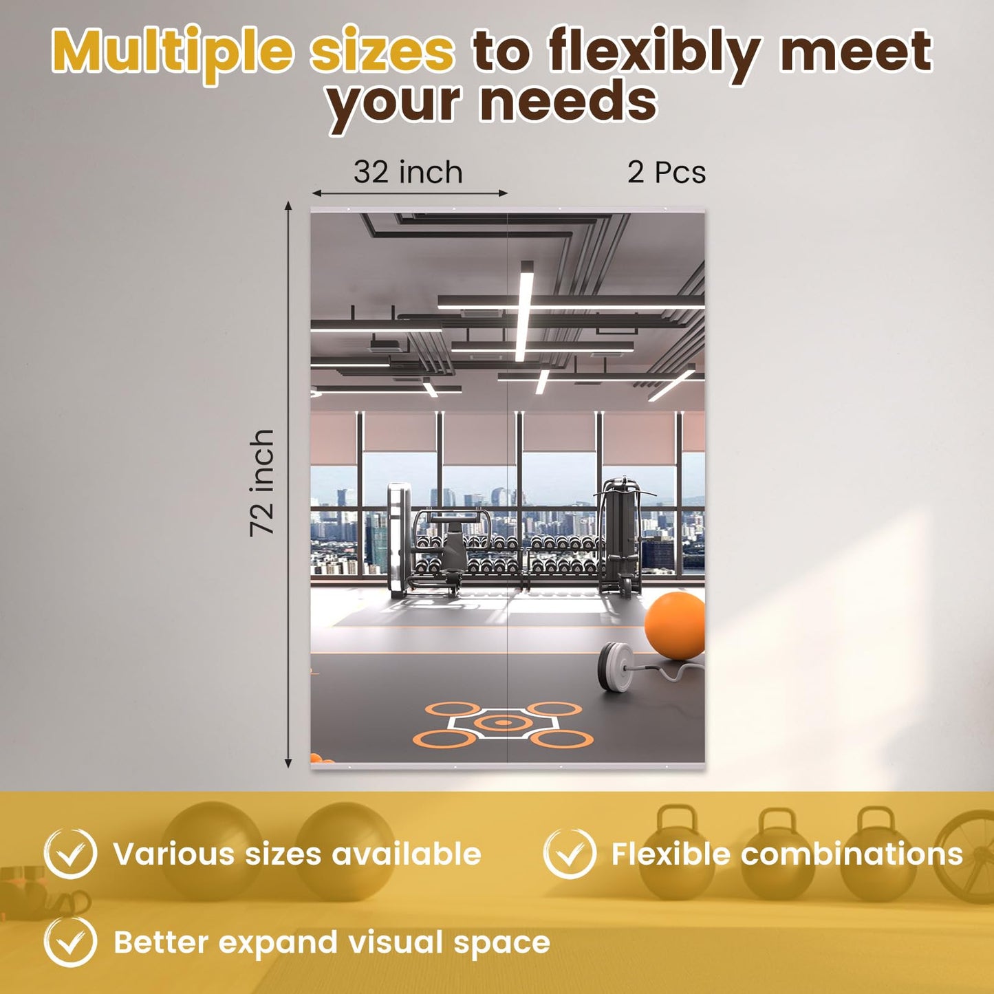 LOAAO Home Gym Mirror, 72"x32"-2 PCS Gym Mirrors for Wall, Frameless, Tempered Glass, Large Workout Mirrors for Home Gym, Dance Studio, Yoga Room, Garage Gym