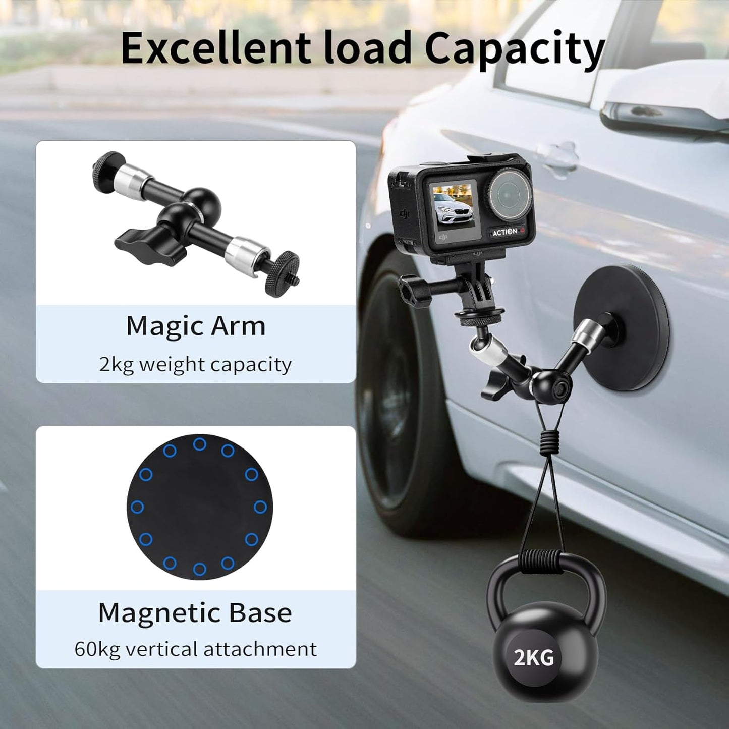 Selens 88MM 6inch Adjustable Car Magnetic Camera Mount Kit: Magnetic Base and Magic Arm, Magnet Mount for Action