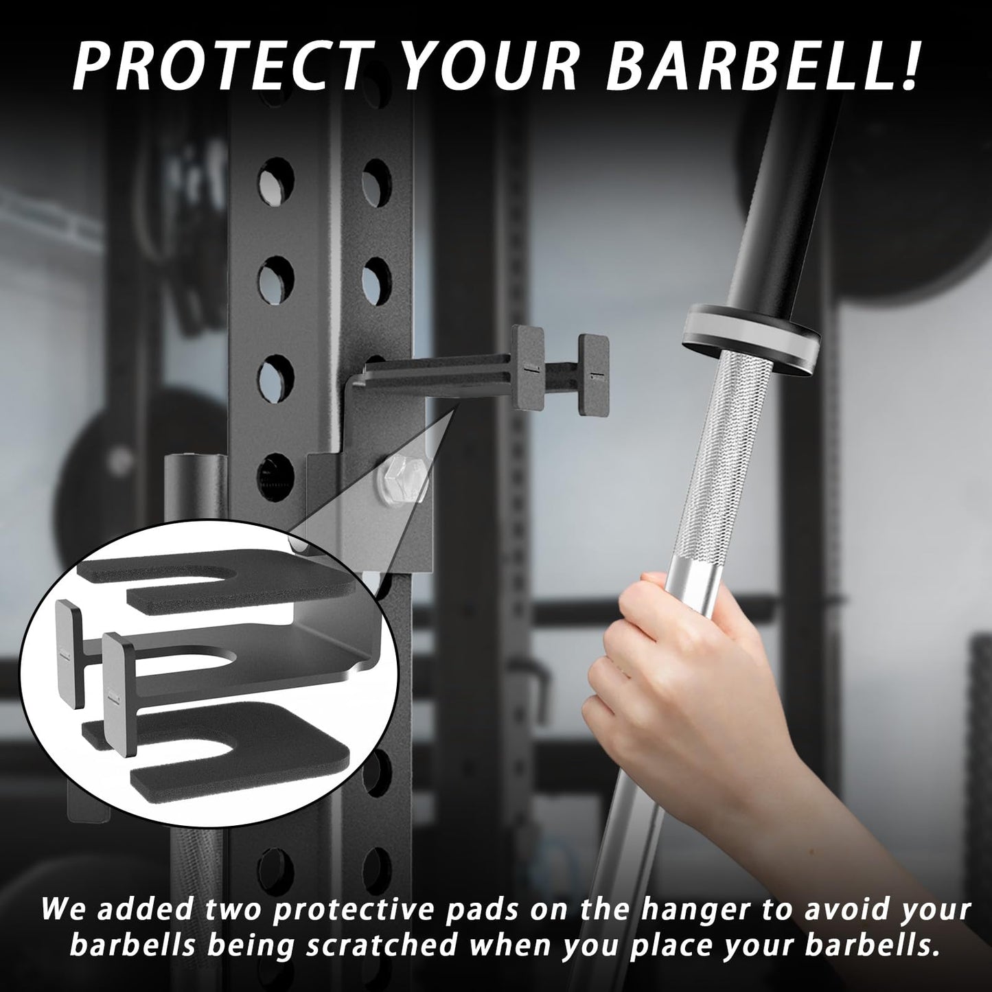 Rack-Mounted Olympic Barbell Holder for 3x3 Power Racks, No Drilling Required – Heavy-Duty Steel Storage with Protective Padding, Fits 5/8''-1'' Holes – Space-Saving Gym Equipment