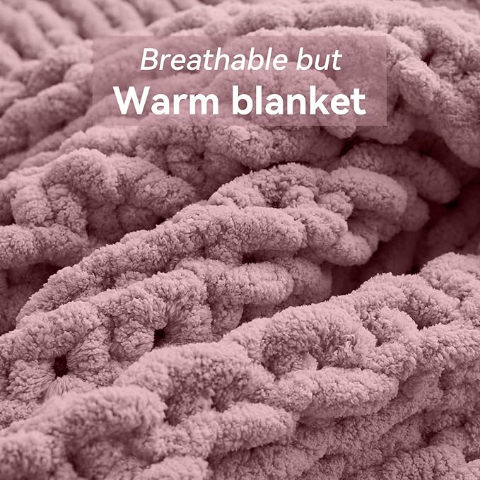 Negwoo Chunky Knit Throw Blanket, 80''*90'' Knitted Throw Chenille Yarn for Bed Couch, Handmade Muted Pink Crochet Big Thick Blanket, Machine Washable Cute Comfy Blanket for Home Decor