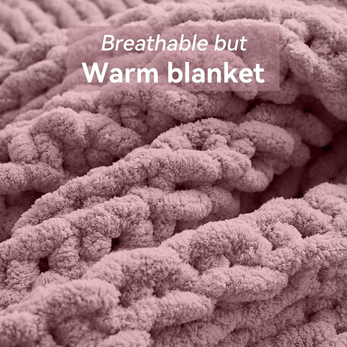 Negwoo Chunky Knit Throw Blanket, 30''*40'' Knitted Throw Chenille Yarn for Bed Couch, Handmade Muted Pink Crochet Big Thick Blanket, Machine Washable Cute Comfy Blanket for Home Decor