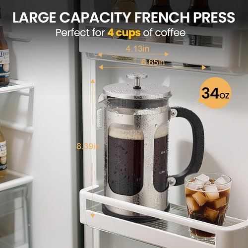BAYKA French Press Coffee Maker - 34oz Cold Brew & Iced Coffee Pot | Durable Borosilicate Glass, Silver