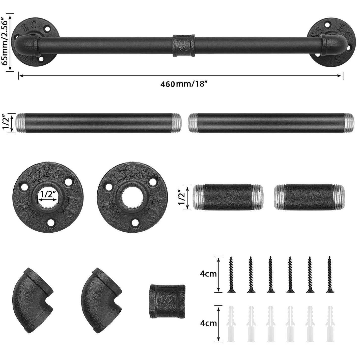 Jeasor Industrial Pipe Towel Rack Towel Bar, Heavy Duty Wall Mounted Rustic Farmhouse Bath Towel Holder for Bathroom (Black, 18 Inch)