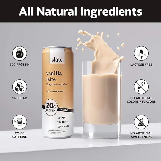 Slate Milk - High Protein Iced Coffee - Vanilla Latte - 175mg Caffeine, Lactose Free Energy - 20g Protein, 1g Sugar, 100 Calories, 1g Net Carbs, No Sugar Added - Protein Coffee - 11 fl oz, 24 Cans