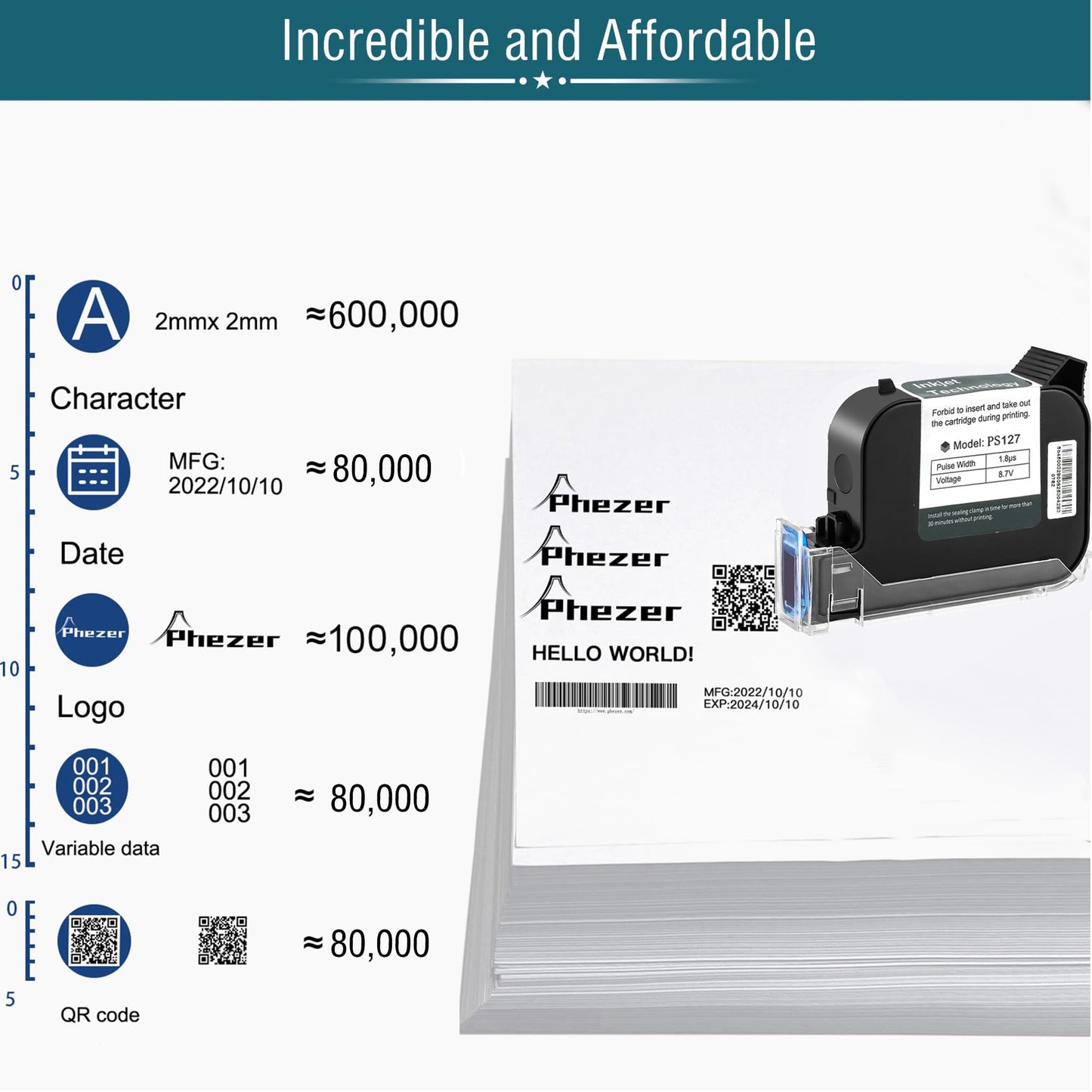Phezer Handheld Inkjet Printer Gun P15U with PS127 Quick-Drying Ink Cartridge, 0.5inch Portable Handheld Printer for Text/Barcode/Logo/QR/Counter/Number/Date (with Suitcase)