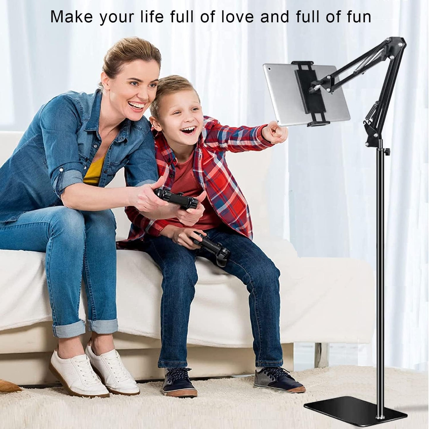 SAMHOUSING 6LB Tablet Floor Stand with Weight, Overhead Bed phone Stand Angle Height Adjustable Arm Stretchable Stand
