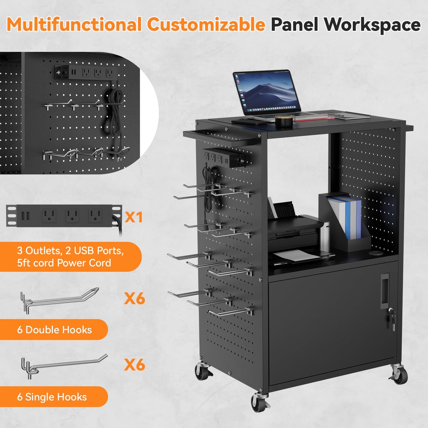 Mobile AV Cart, Heavy Duty Rolling Computer Cart with Push Handle & Hooks – Locking Cabinet, Pegboard, 4 Outlets, Lock Brake Casters – Media Utility Cart on Wheels for Office/Classroom