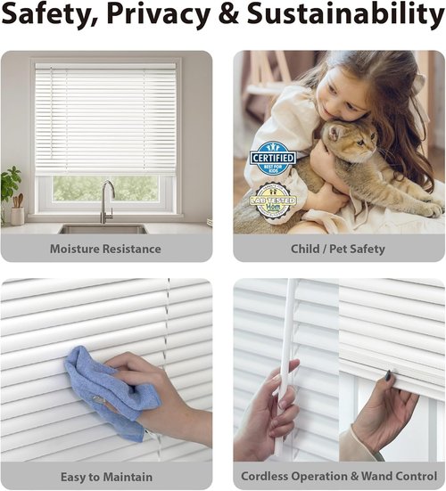 DEZ FURNISHINGS Cordless Mini Blinds - Flexible Slats, 46" W x 48" H, Elegant Pearl White