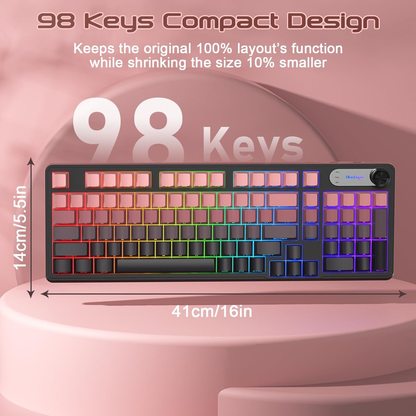 BlueFinger 98 RGB Gaming Keyboard, Keys USB Wired Keyboard with Rainbow Backlit, Volume Knob & Screen, Quiet Typing