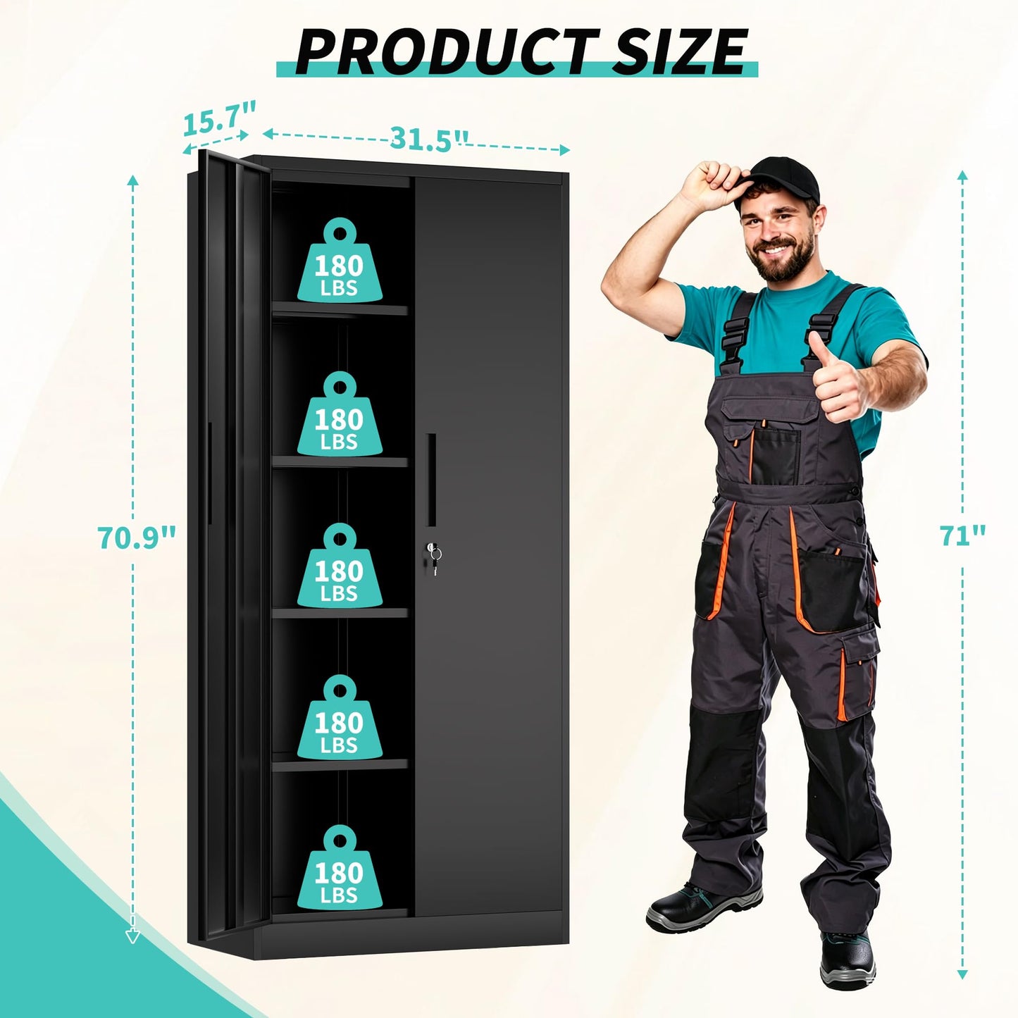 SAWJEC Metal Garage Storage Cabinet with Lock, 71" Tall Heavy Duty Cabinet for Garage Workshop Home Office, Steel Locking Storage with 4 Adjustable Shelves, Black, 15.7" D x 31.5" W x 70.9" H