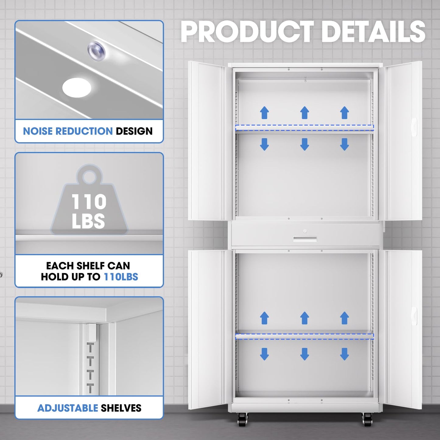 DNA Motoring 73'' Metal Storage Cabinet, Rolling Garage Cabinet with 1 Drawer and Adjustable Shelves, Lockable Heavy Duty Metal Locker for Garage,Office,Home,White, TOOLS-00630-WH-WH-A