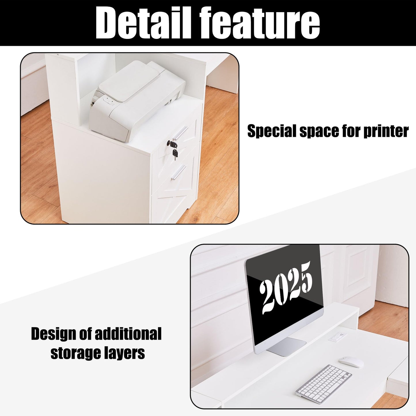 boknight 60" L Shaped Executive Desk with Printer Space,Corner Computer Desk with Power Outlets,Lockable Drawers & Adjustable File Cabnet,L Shaped Office Desk with Monitor Stand (White)