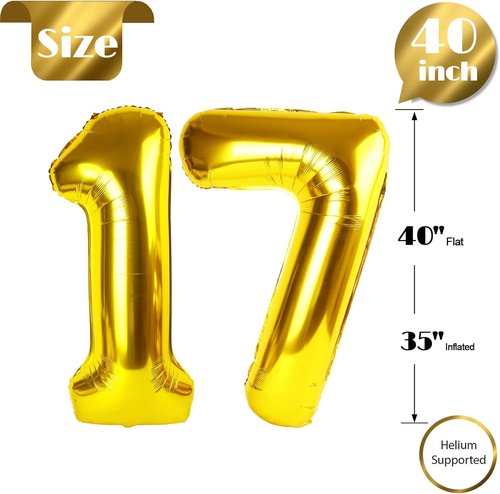 Gold Number 17 Balloon - 40 Inch 17th Birthday Decoration for Girls & Boys | Golden Party Supplies