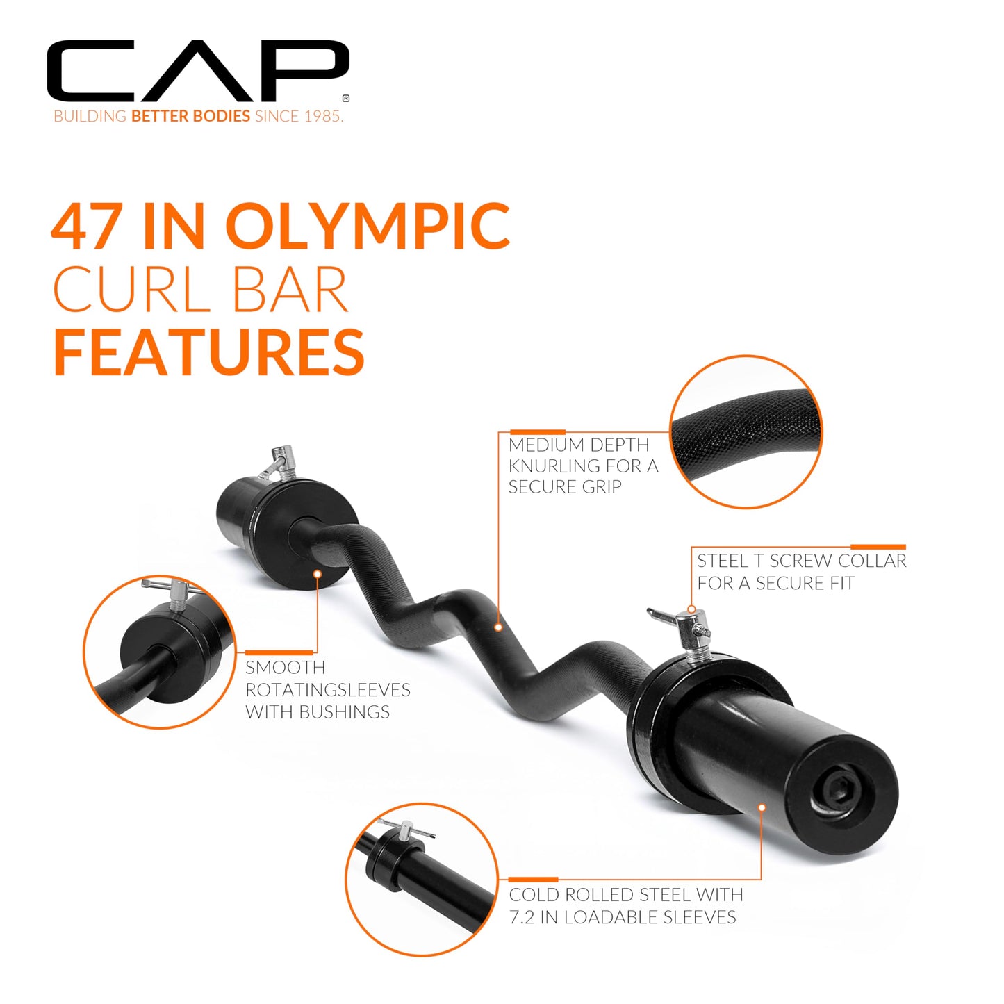 CAP Barbell 47-Inch Olympic Curl Bar - Black | Curl Barbell for Bicep and Tricep Workouts, Strength Training, and Weightlifting