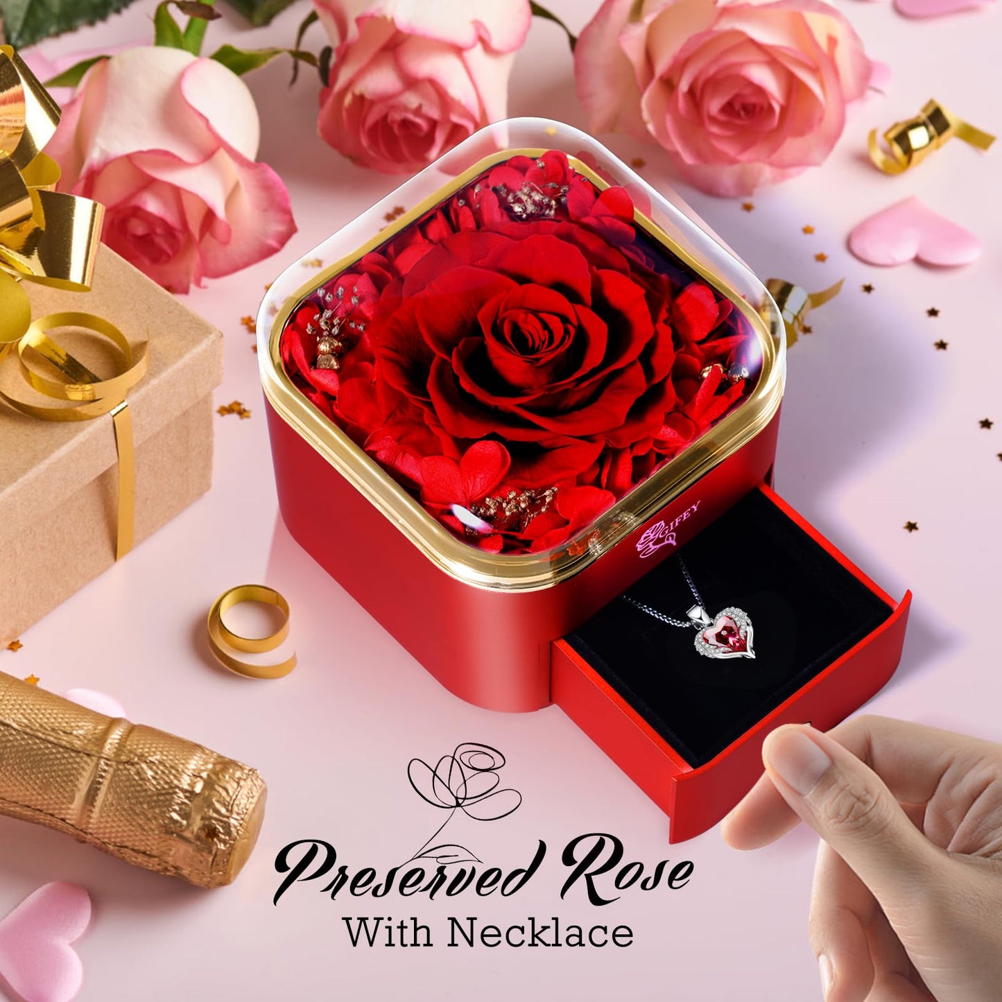Preserved Real Rose with Necklace -Eternal Roses Forever Flower, Gifts for Her,Women Mom Wife Girlfriend Daughter Grandma Sister,Gifts Idea on Valentines Anniversary Birthday Thanksgiving