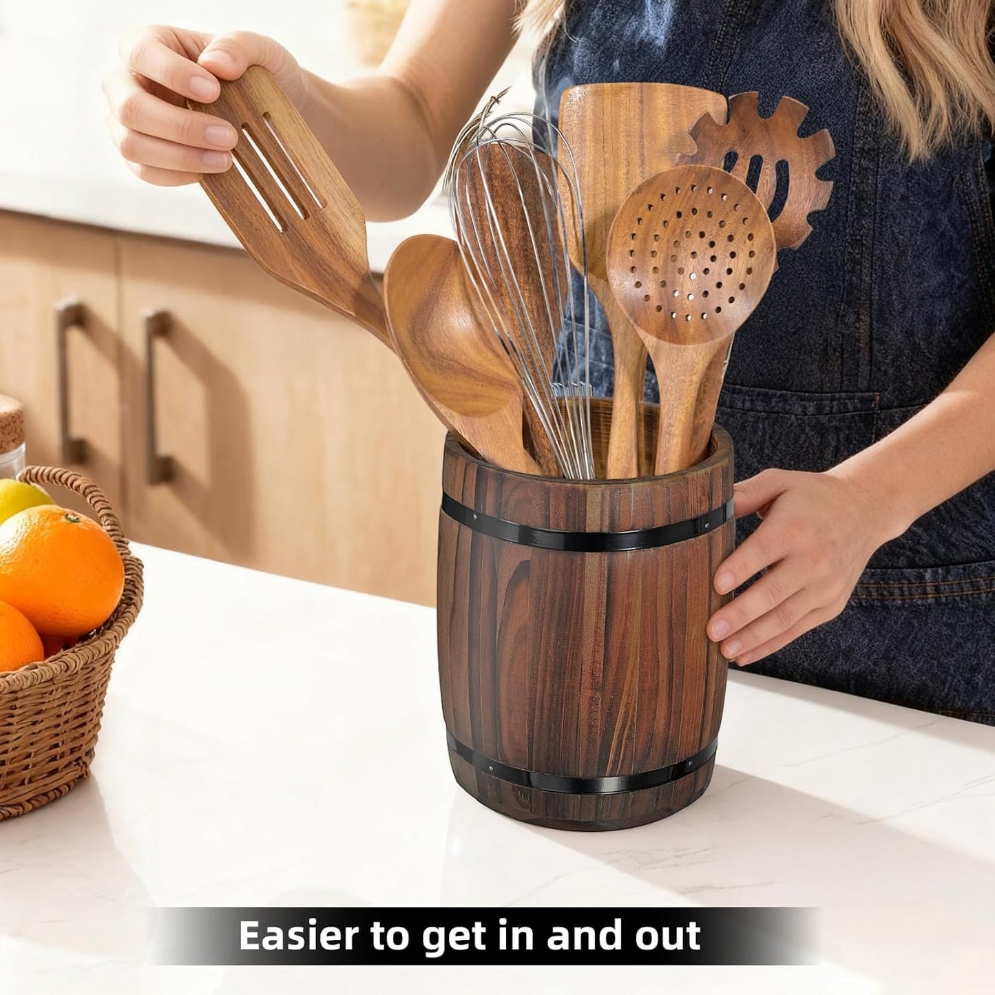 KewinSent Wooden Utensil Holder, Brown, Barrel Shape, Holds Spoons and Scoops, Wine Barrel Design, Painted, Smooth Surface, Sturdy Construction
