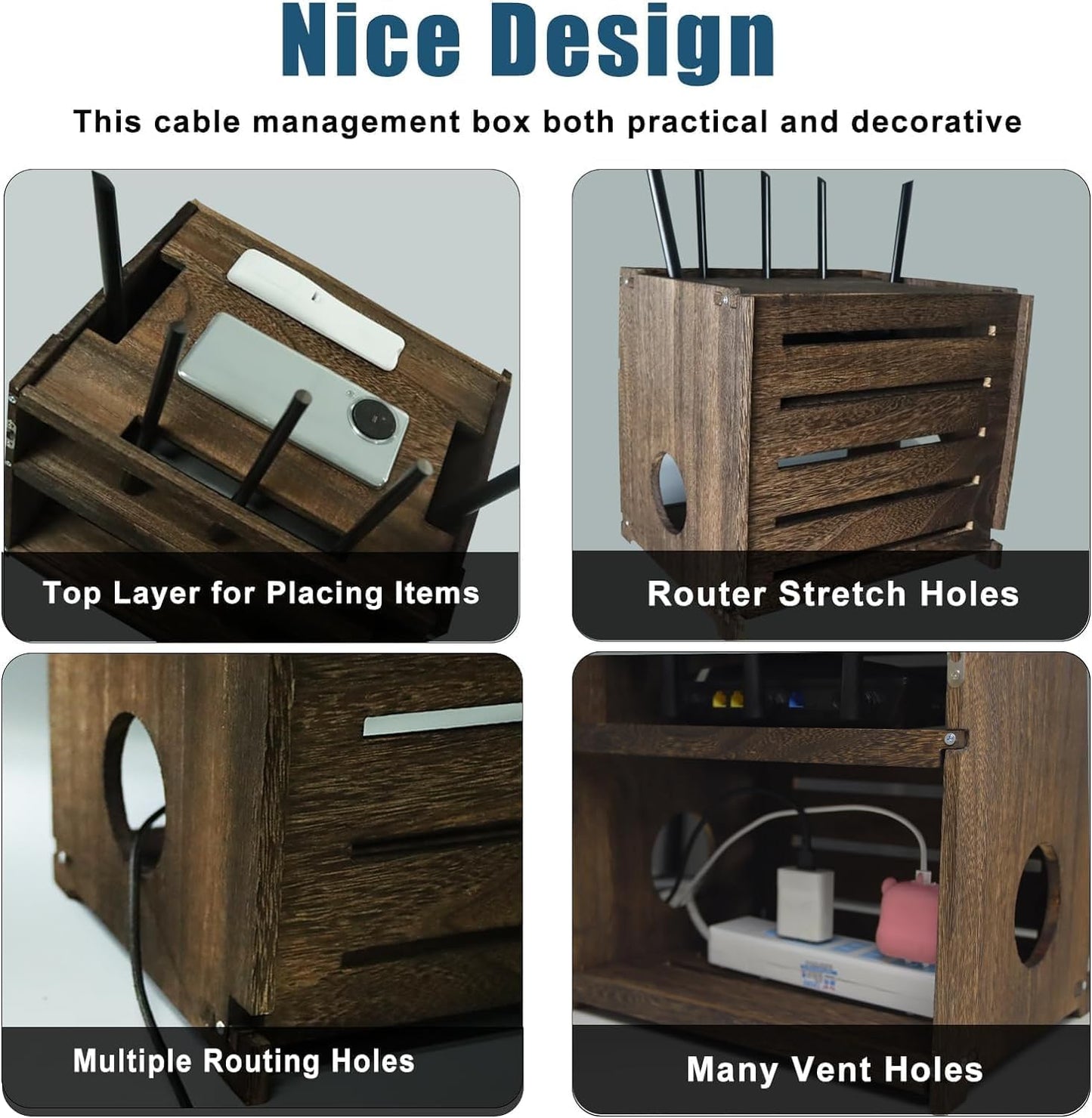 Yemotopro Wooden WiFi Router Storage Box Charcoal Retro Wood Router Hider Box Modem Store Boxes, Double-Layers WiFi