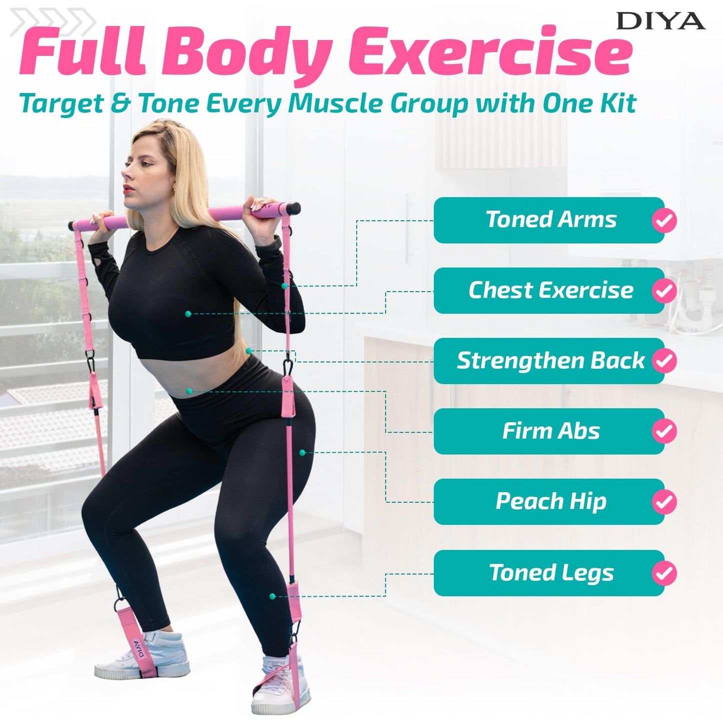 DIYA Pilates Bar Kit with Resistance Bands 140 lbs – Adjustable Portable Home Gym Workout Equipment for Women & Men – Full Body Fitness Bar for Legs, Glutes, Arms, Core & Back