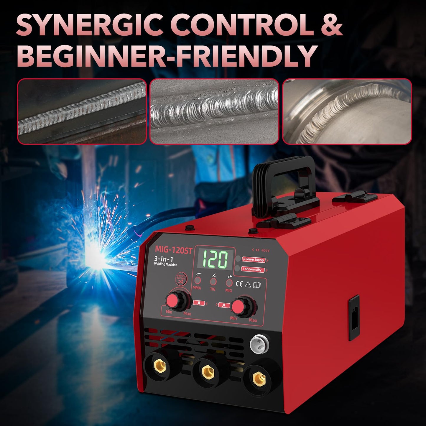 YesRight 120A Mig Welder, 3 IN 1 Gasless Flux Core MIG/Lift TIG/Stick Welder Machine with Synergy, 110V Multiprocess Welding Machine with Welding Googles Rods Wire for Beginners & Professionals