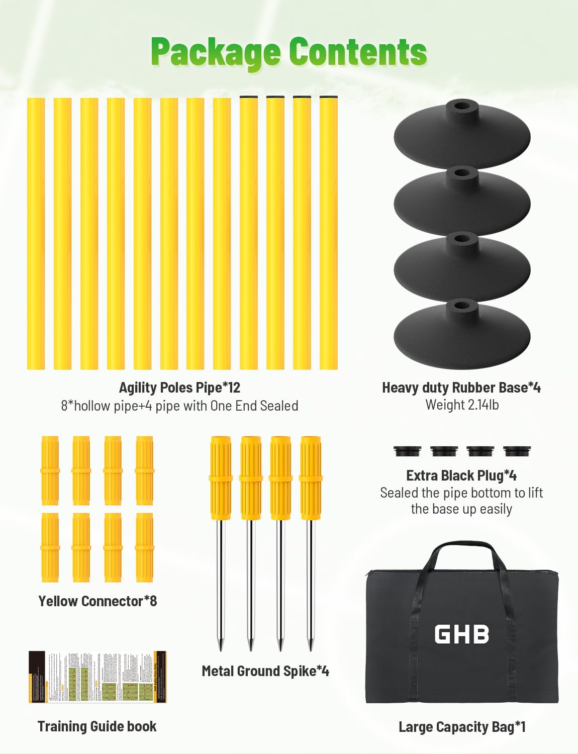 GHB Agility Poles 4 Pack 50" Sports Soccer Training Poles,Detachable Speed Training Equipment Football Accessories 2 in 1 Design Rubber Base and Spike