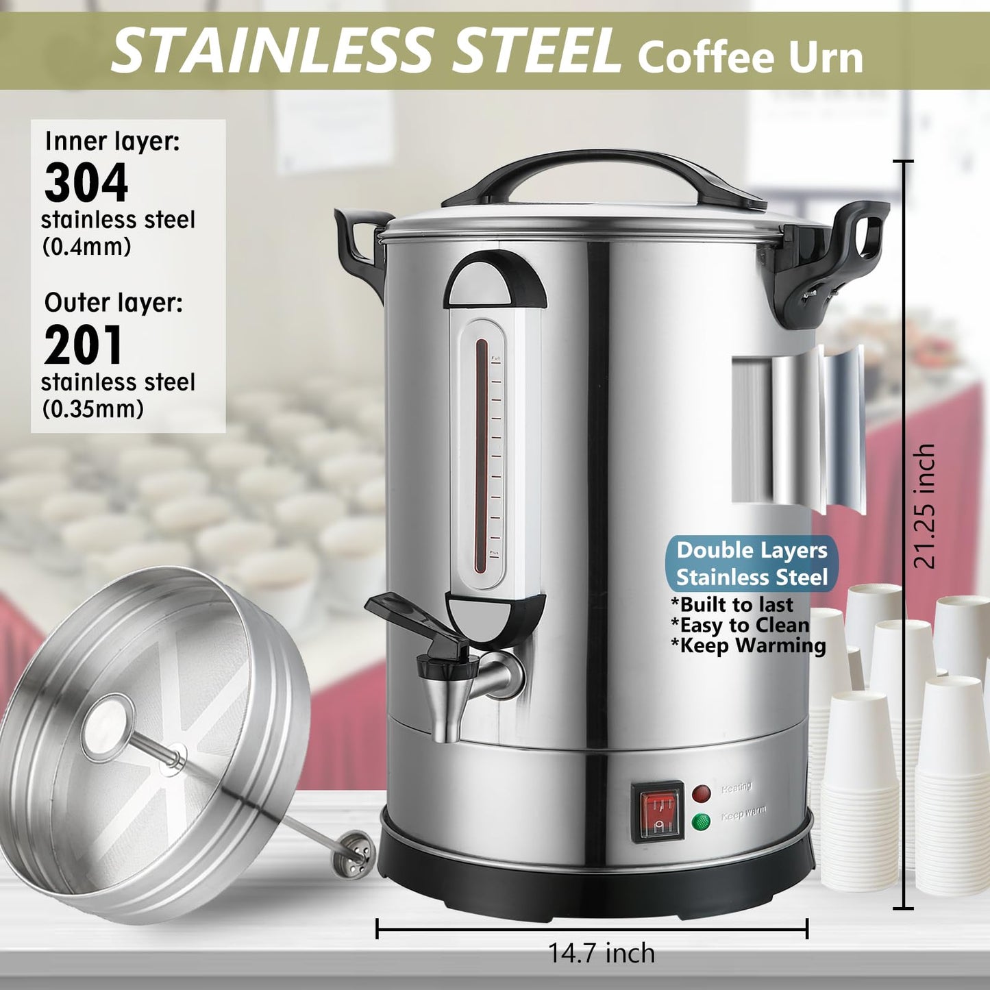 Commercial Coffee Urn 160 Cups Hot Beverage Dispenser 24L Large Coffee Urn Stainless Steel Coffee Maker Dual Layers for Coffee Break Business Catering Church Restaurant