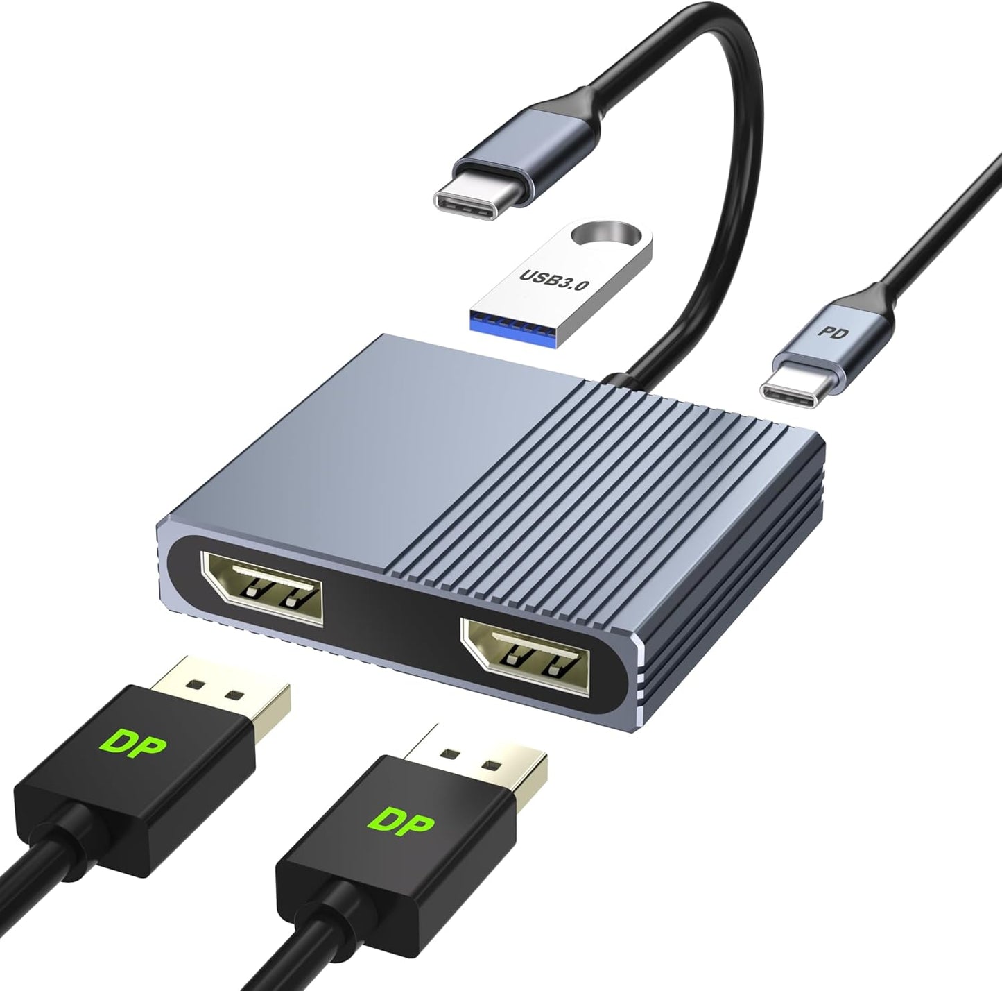 Aibilangose 4K@60Hz USB3.0/PD, Display Port Splitter for Dual Monitors, USB C to Dual DisplayPort Adapter