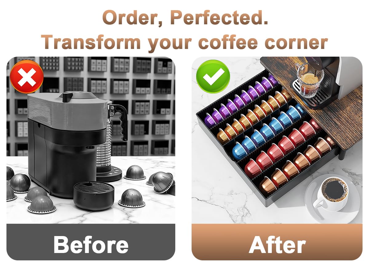 OUTIOE Coffee Pods Drawer Organizer Compatible with Nespresso Vertuo Pods Holds Up to 60 Small or 40 Large (Wood)