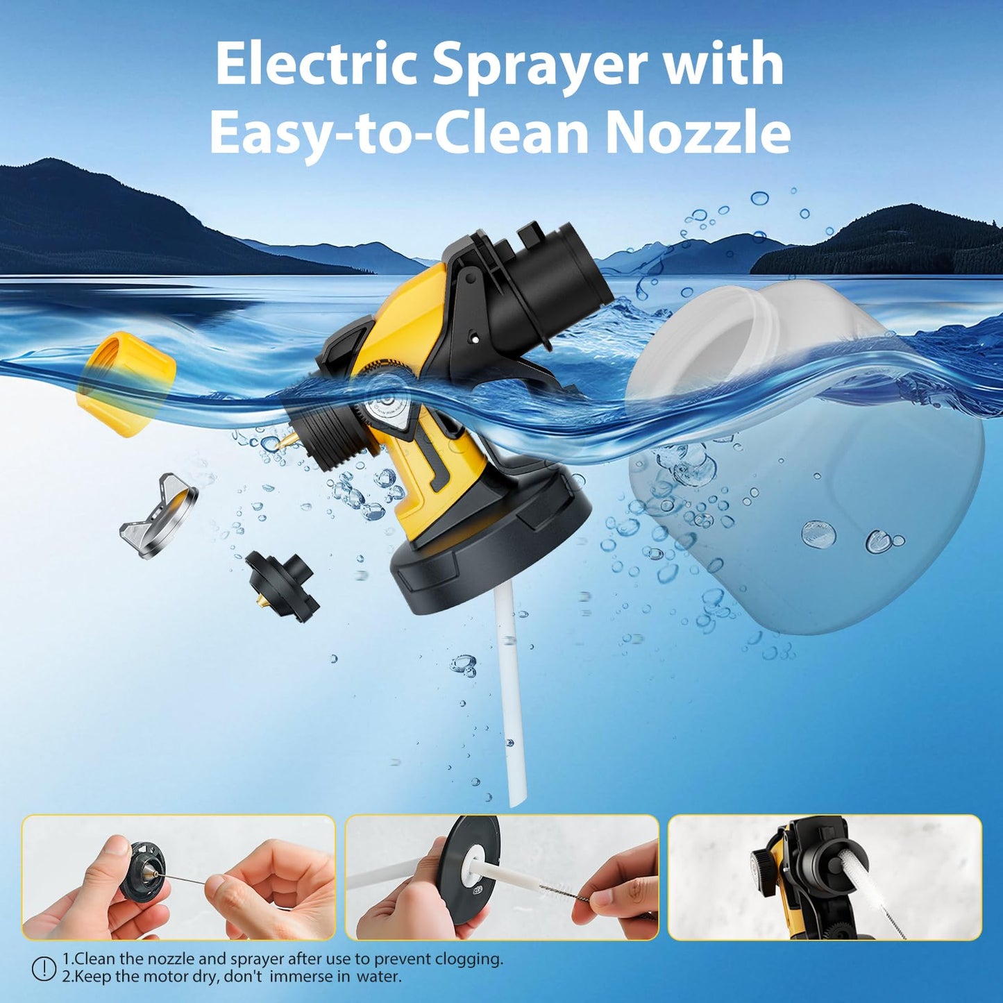 Paint Sprayer for House Painting, Paint Sprayer with Easy to Clean Design, 1400ml (47oz) Container, 6 Brass Nozzles & LED Light, 3 Spray Patterns for House, Fence, Furniture, DIY, Garden, Walls