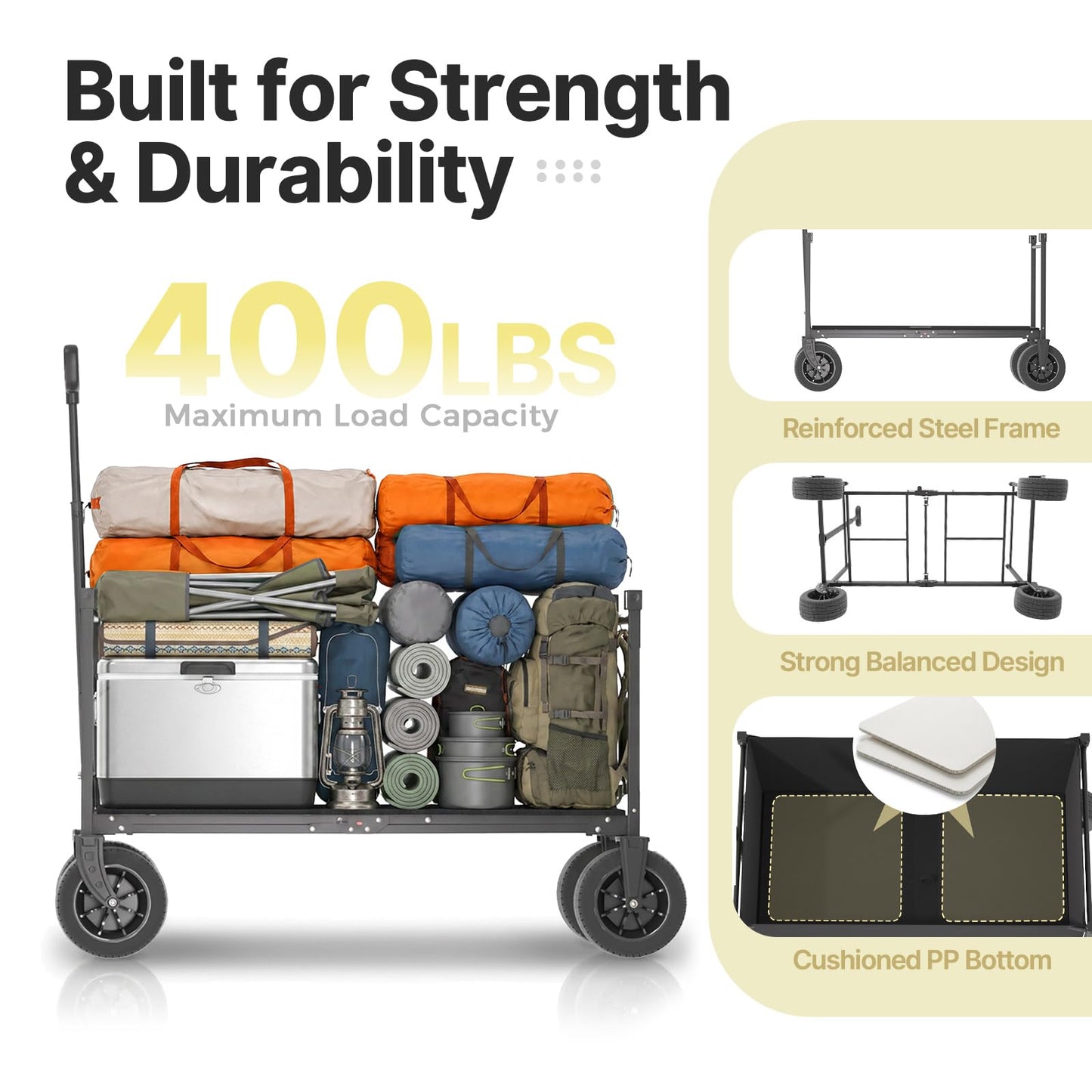EchoSmile Collapsible Wagon Cart for Camping & Beach - Heavy Duty 400lbs Capacity All-Terrain Cart with Wide Wheels, Portable Folding Utility Wagon for Grocery, Garden, Sports,Black