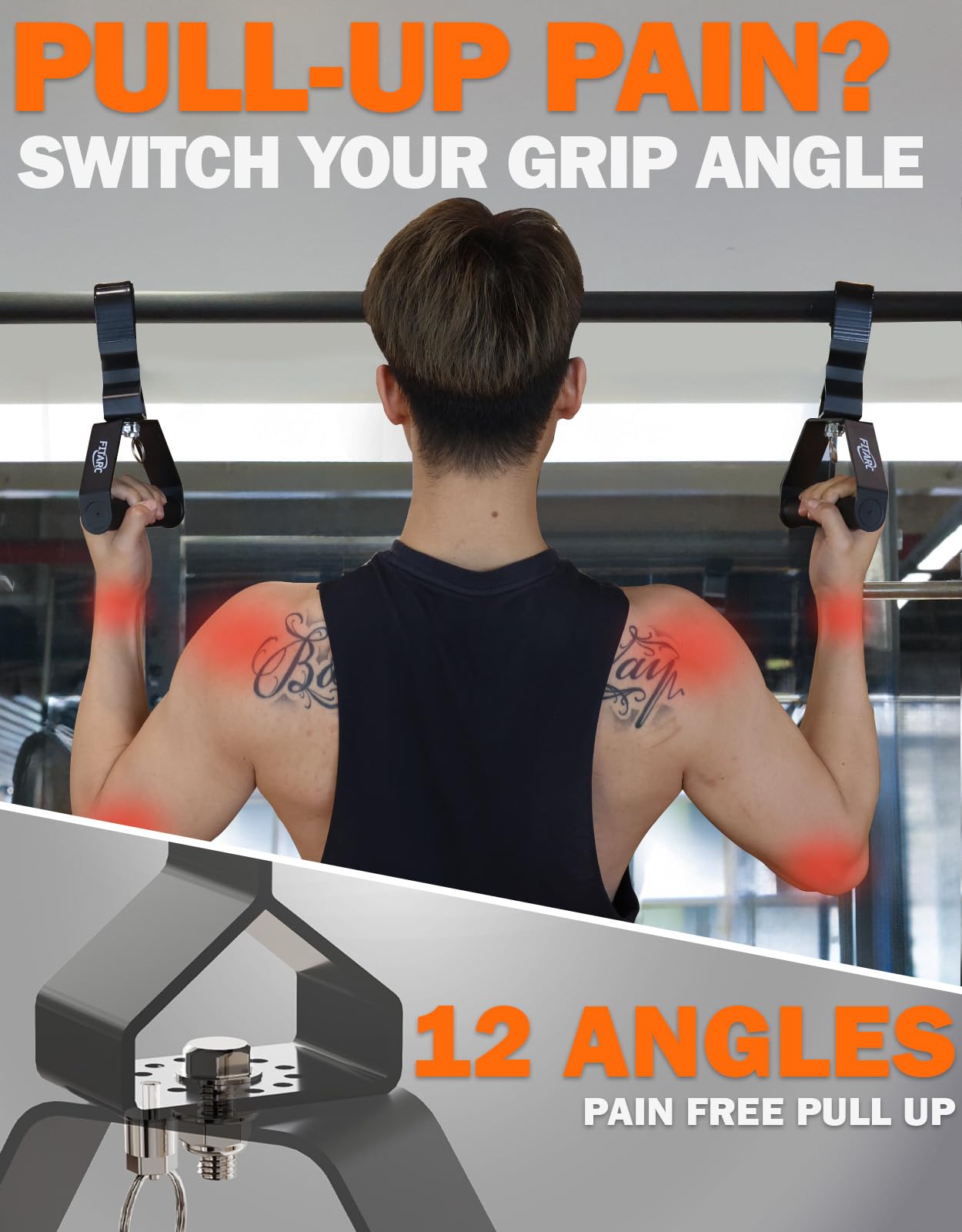 Fitarc Neutral Grip Pull Up Handles, Wrist Shoulder Elbow Friendly, 12 Angle Adjustable Lat Pulldown Handle Rowing Grips, 2Pcs, Patented