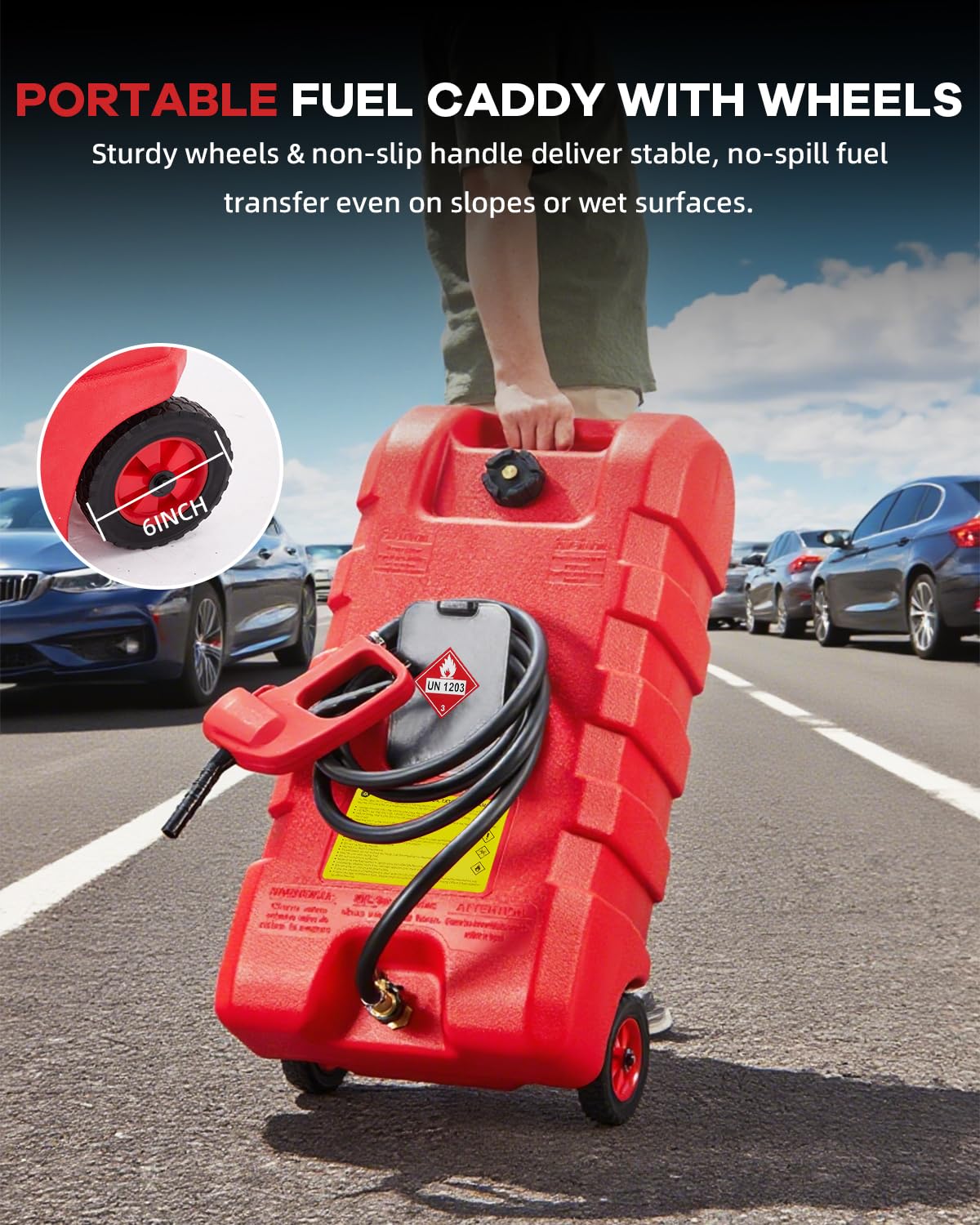 Garvee 15 Gallon Gas Can, Heavy-Duty Portable Fuel Caddy with Manual Fuel Transfer Pump, Portable Diesel Tank on Wheels with 10 ft Hose for Lawn Mowers, Cars, Boats, Tractor, UTV, Camping,Red