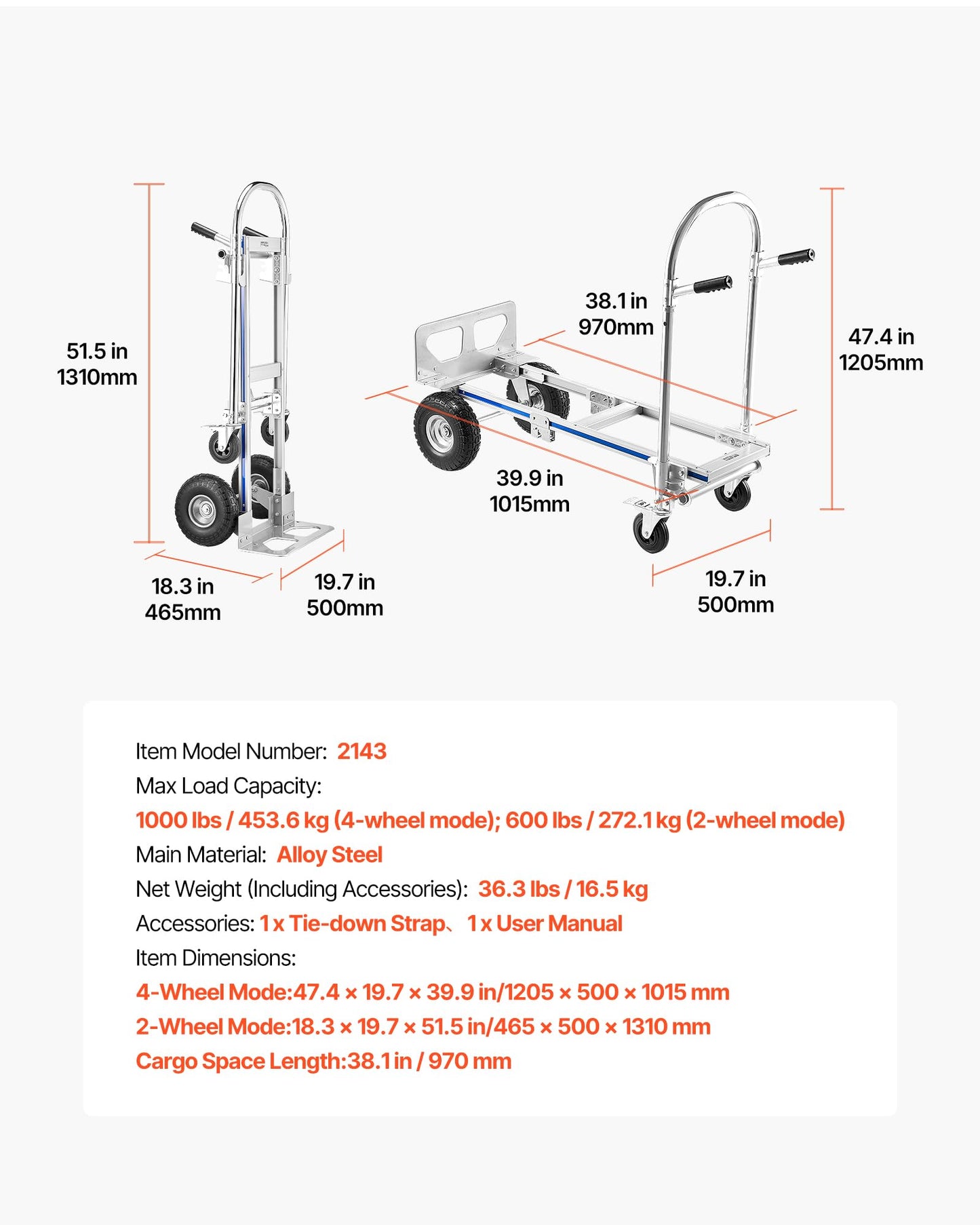 VEVOR 2 in 1 Hand Truck, 1000 lbs Load Capacity for 4-Wheel Mode, Convertible Hand Truck Dolly with Non-Slip Handle & Wheels, Portable Trolley Dolly for Moving Home, Office, Warehouse, Supermarket