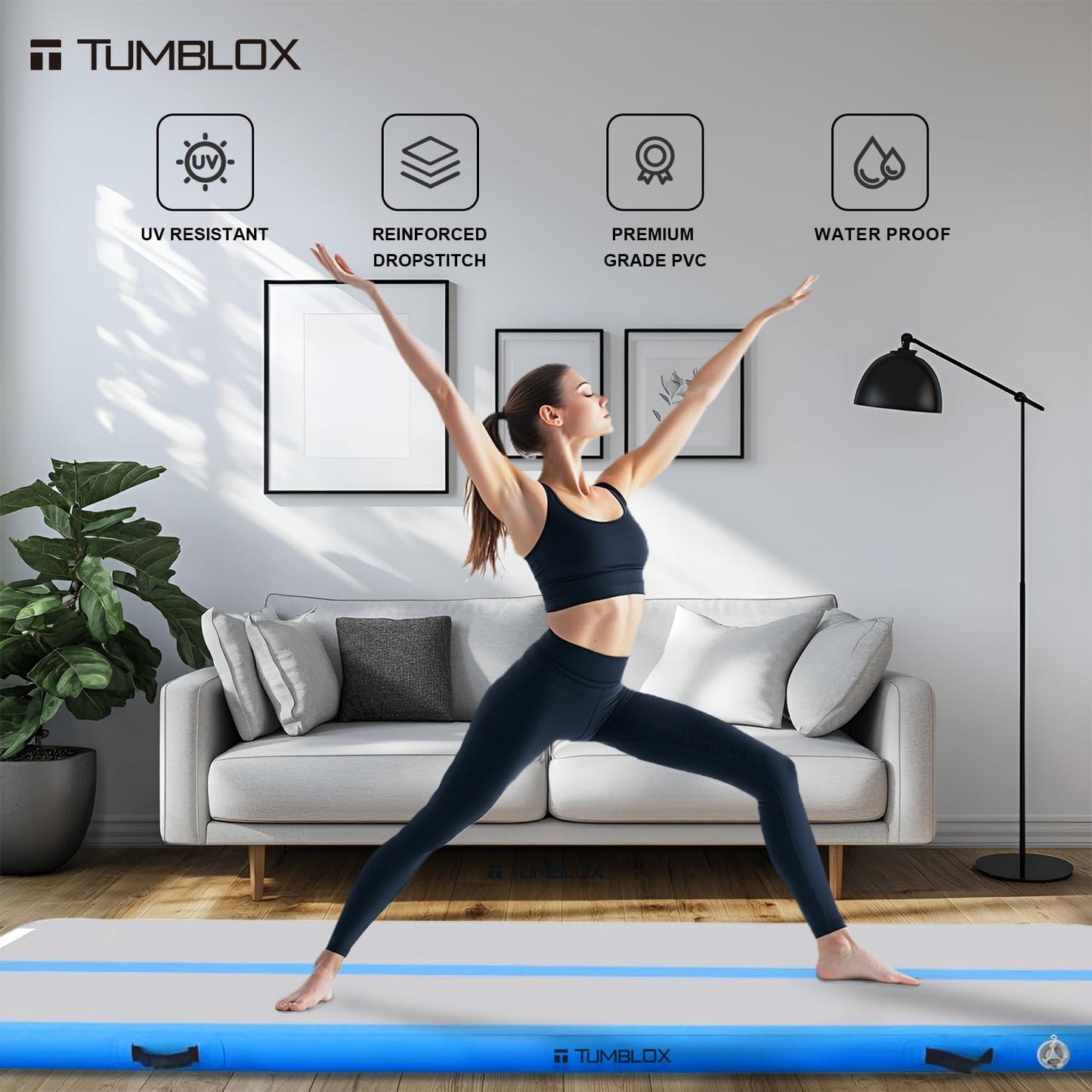 TUMBLOX Air Gymnastics Mat Inflatable & Tumbling Mat – 4/8 Inches Thick with Electric Pump + Free Foot Pump – Ideal for Home, Gym, Water, and Beach Use (Blue, 10ft*3.3ft*4in(3 * 1 * 0.1m)