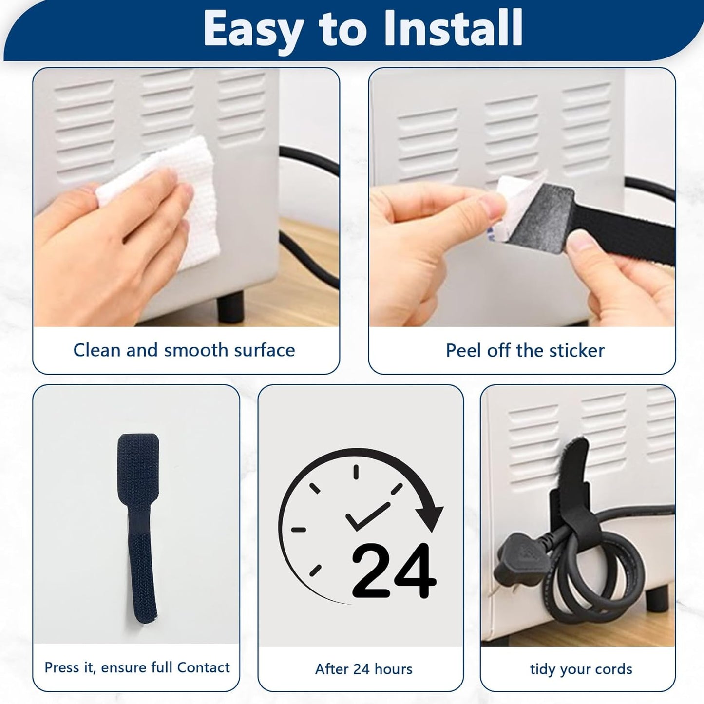 50 Abnii PCS Hook and Loop Cable Ties, Under Desk Cable Management, Self Adhesive Cable Clips Straps, Sticky-Back Cord