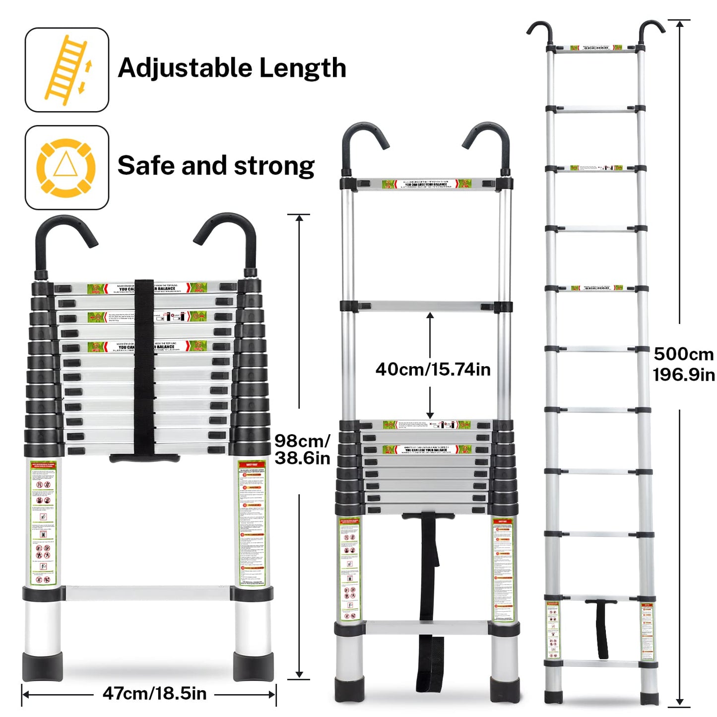 RIKADE Telescopic Ladder, 16.5 ft Aluminum Telescoping Ladder with Stable Hook and Non-Slip Feet, Portable Extension Ladder for Household and Outdoor Working, Max Load 330 lb, Aluminum