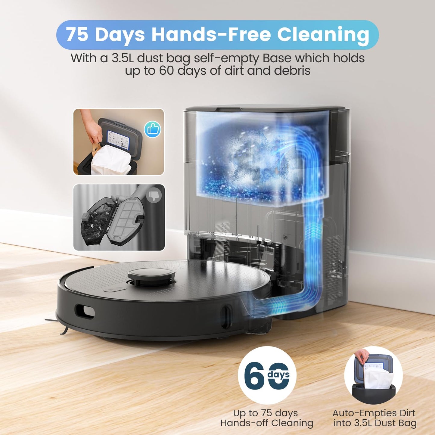 T20+ Self Emptying Robot Vacuum and Mop Combo, 6,000Pa Suction Robotic Vacuums, 75-Day Capacity, Home Mapping, APP & Voice & Remote, 180-Min Runtime, Robot Vacuum Cleaner for Pet Hair, Hard Floor
