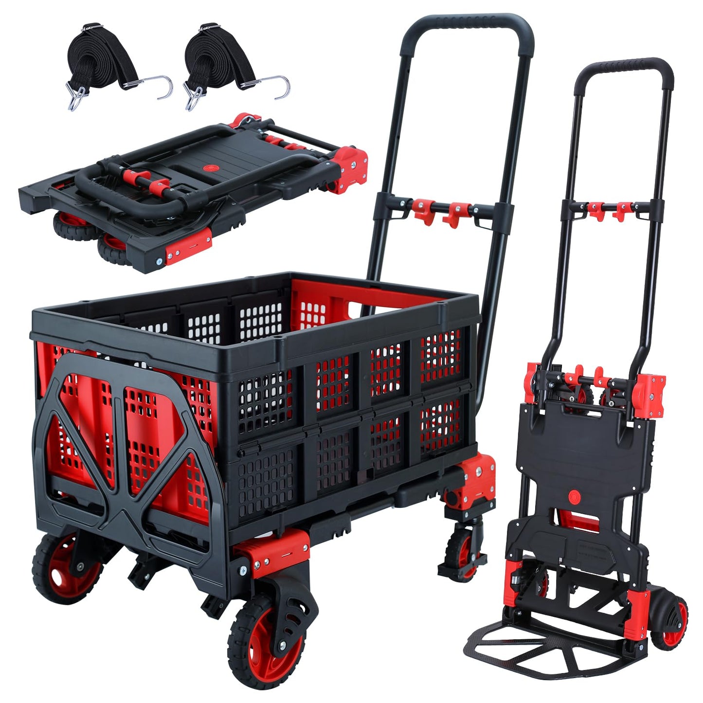 2 in 1 Folding Hand Truck Dolly with Basket,330LBS Capacity Hand Cart Foldable,Hand Truck Foldable with Retractable Handle,Folding Dolly Cart with Wheels for Moving